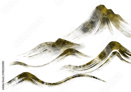 수묵화 기법으로 그린 풍경 산수화 손그림 일러스트.