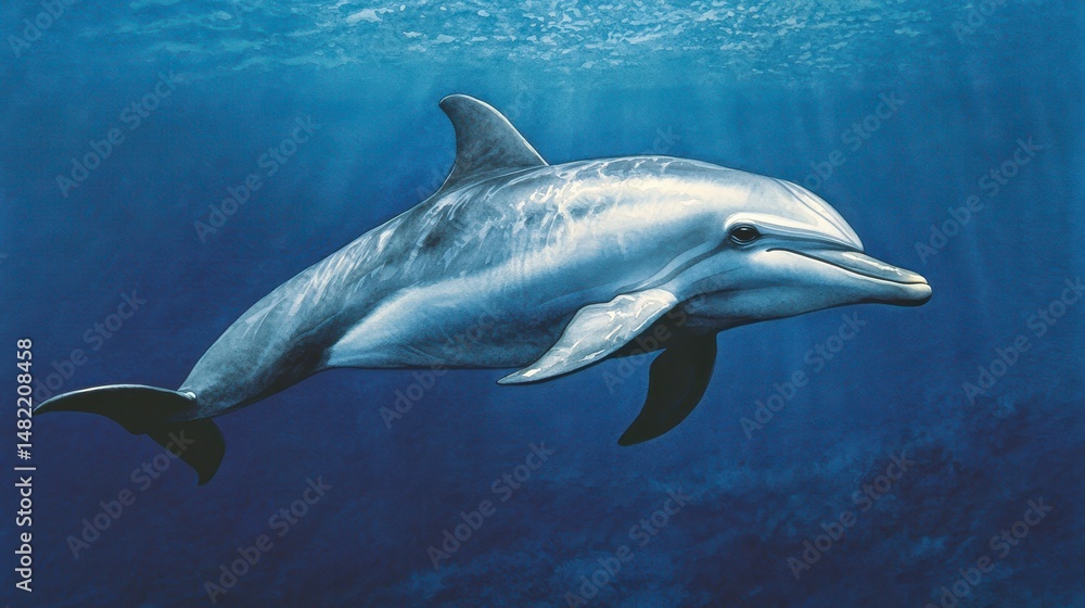 Fototapeta premium A graceful dolphin swims in clear blue ocean water, sunlight filtering from above.