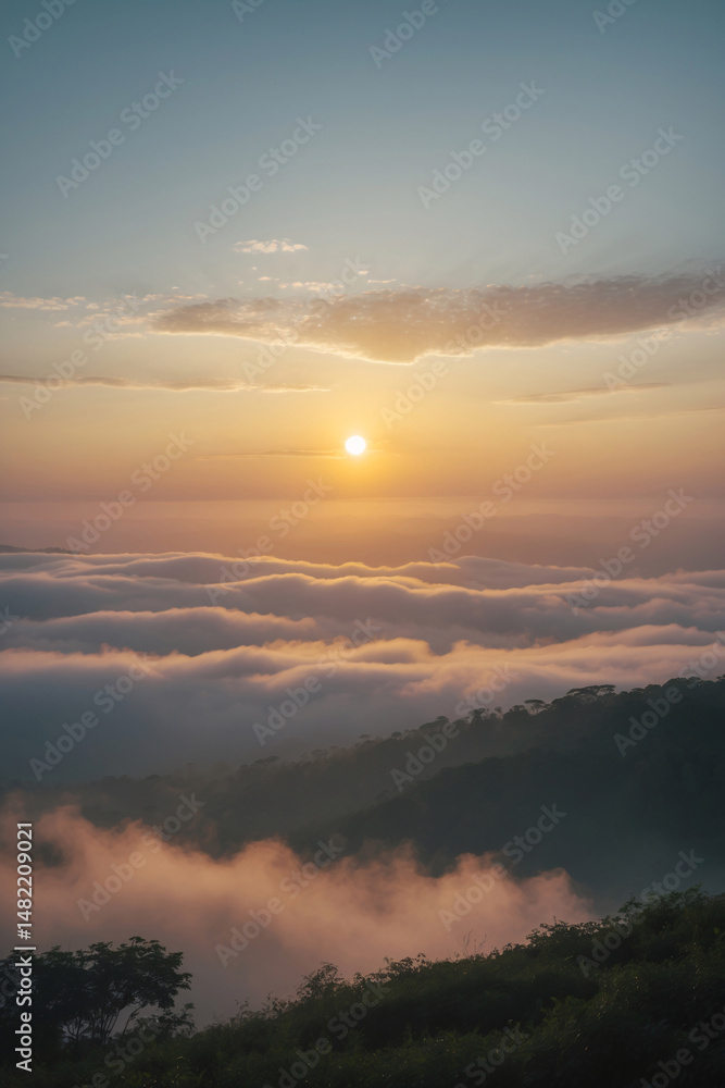 Obraz premium fog drifting across meadow at sunset with orange glow on mountain peak scenic landscape photography nature outdoor peaceful golden dramatic landscape photography wallpaper background