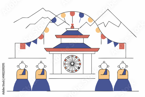 Stylized vector of Hemis Festival in Ladakh with masked monks, Buddhist monastery, prayer flags, and Himalayas in vibrant cultural design