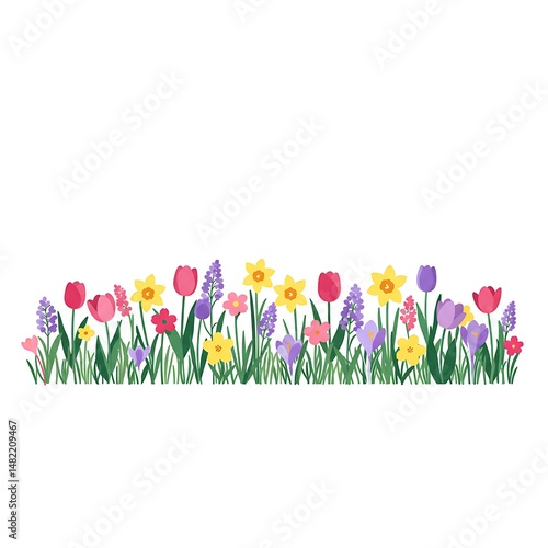 Spring Flower Border with Tulips, Daffodils, Crocuses and Hyacinths Blooming