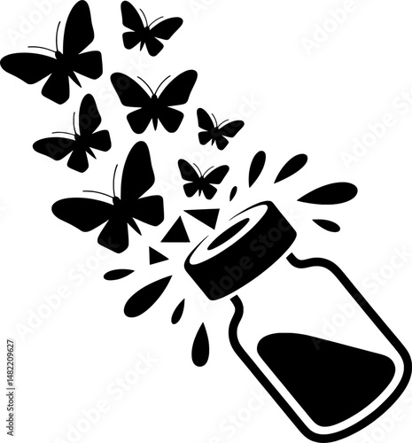 A medicine vial breaking apart into a silhouette of butterflies symbolizes transformation and healing.  