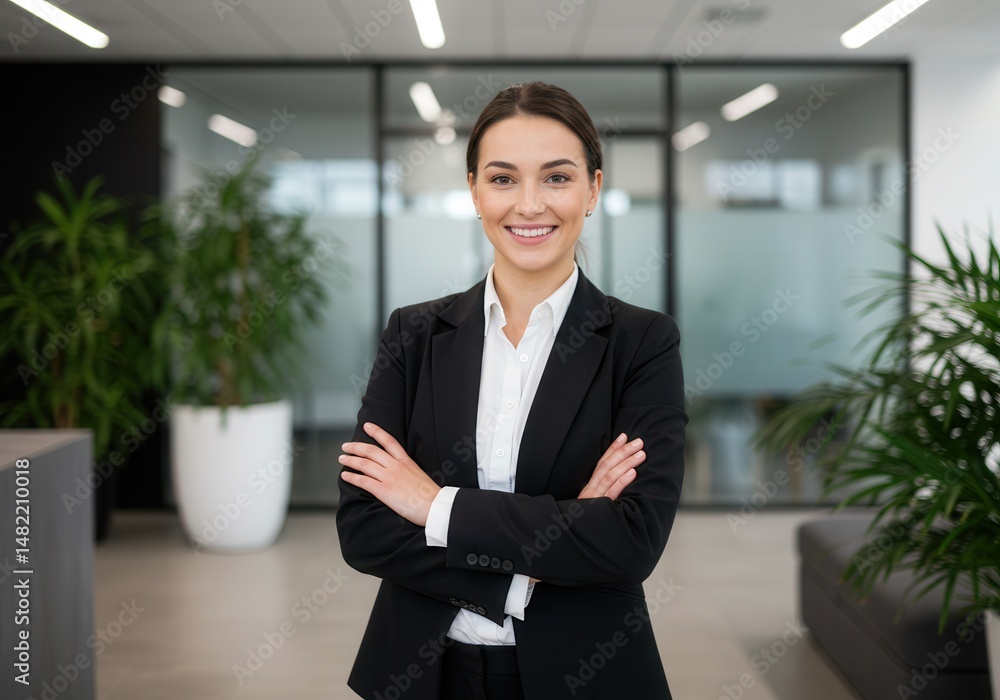 Confident businesswoman in a black suit stands with arms crossed in a modern office environment Confident businesswoman in a black suit stands with arms crossed in a modern office environment