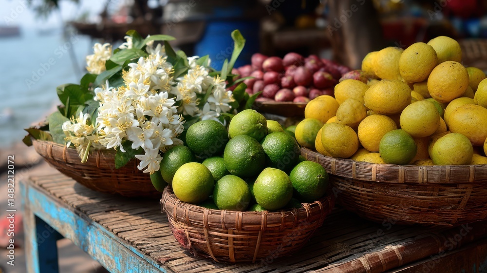 Fruits and flowers in woven baskets displayed on a wooden surface outdoors. Fruits and flowers in woven baskets displayed on a wooden surface outdoors.