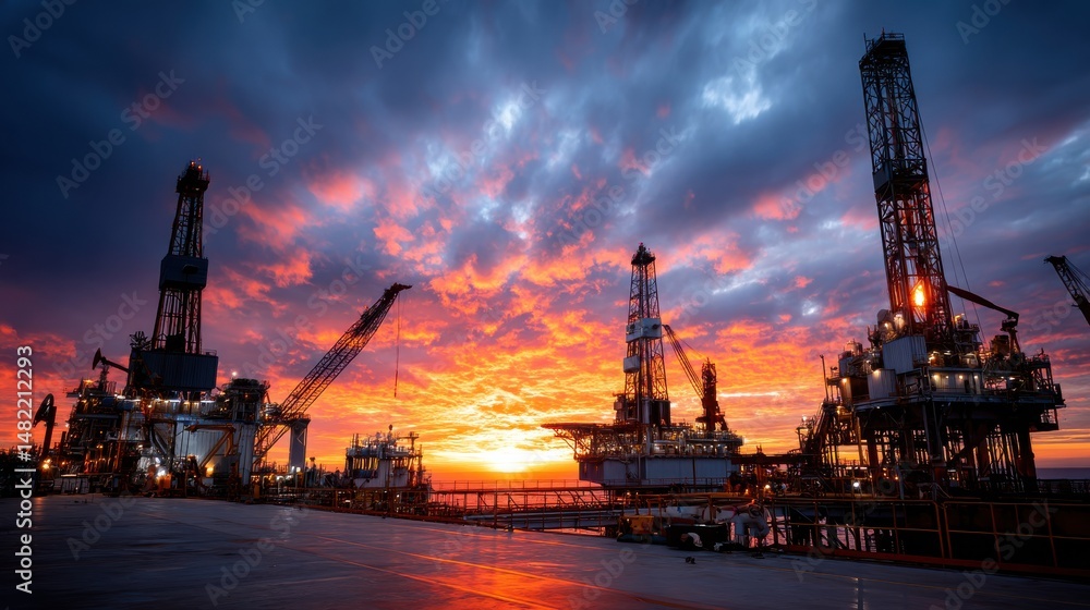 Fototapeta premium Offshore Oil Rigs at Sunset