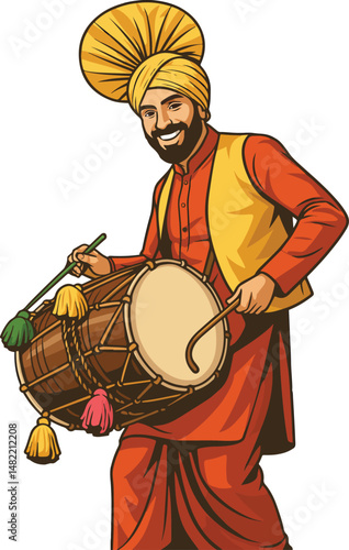 Punjabi man playing drum vector illustration