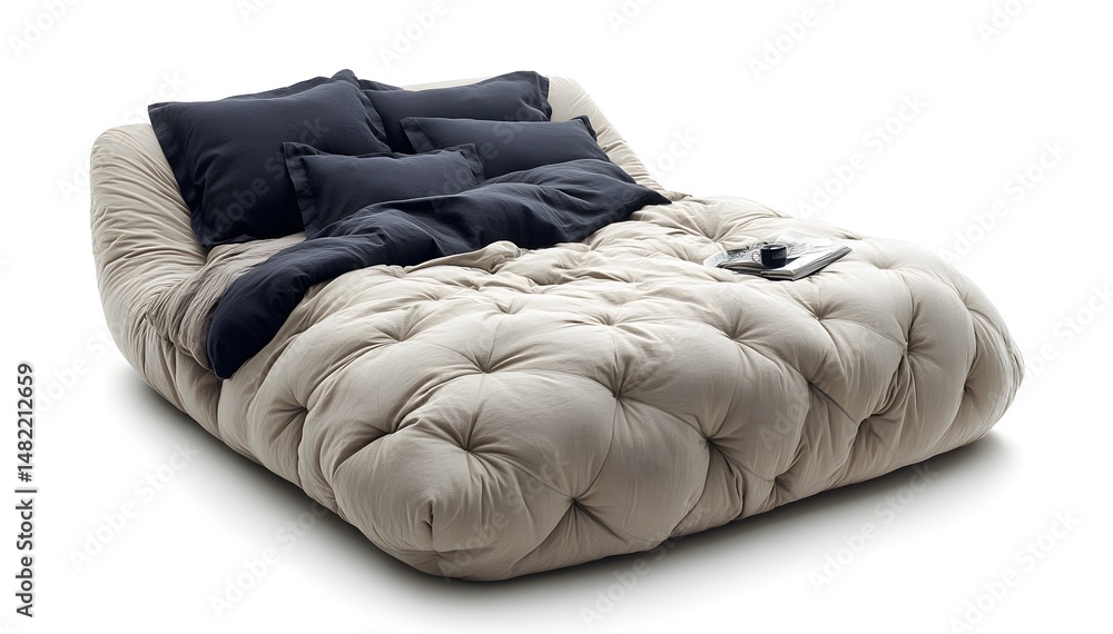 Obraz premium Gray soft bed with white and blue bed linen. Interior design concept. Isolated object on white background.