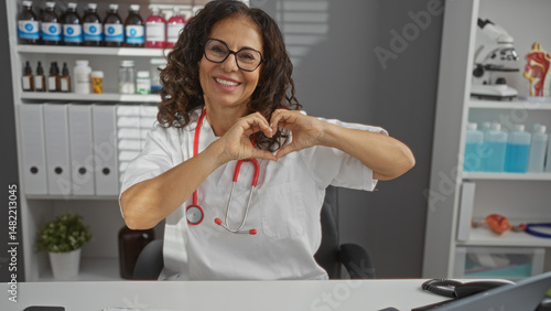 Canvas Print Smiling woman doctor in clinic wearing glasses makes heart shape with hands, showcasing care and warmth in a professional medical environment