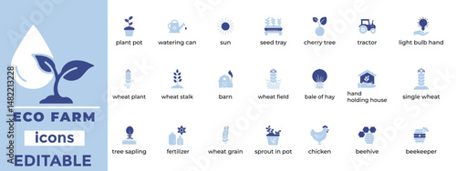 Clean line icons of eco farms, organic food, sustainability, and agriculture—ideal for green design and educational use.