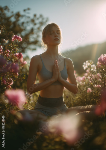  young woman doing yoga outdoors in the soft morning spring light