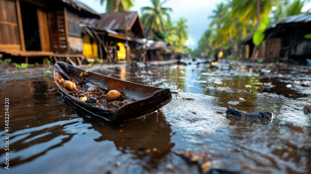 Obraz premium Small wooden boat floats in flooded village street, surrounded by palm trees and traditional wooden houses, illustrating impact of natural disasters and need for climate resilience