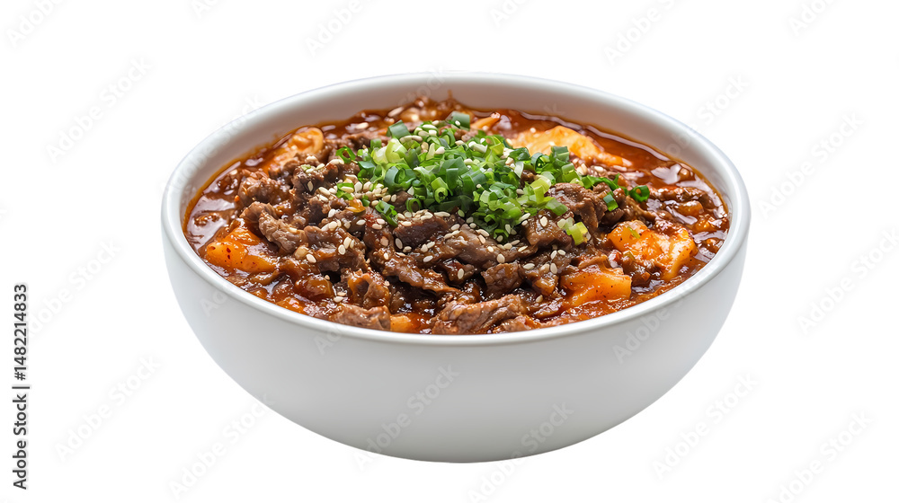 Spicy Beef Bowl Delicious Korean Recipe isolated on transparent background Spicy Beef Bowl Delicious Korean Recipe isolated on transparent background