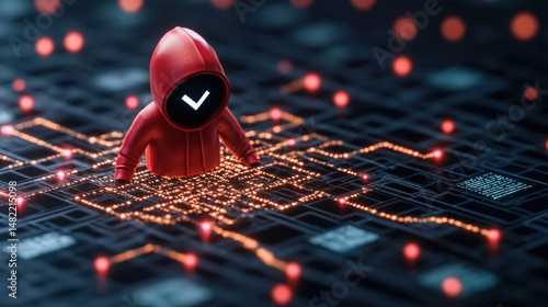 Wallpaper Mural Mysterious figure in red hoodie stands over digital network, symbolizing cybersecurity threats and data breaches. dark background highlights glowing circuit lines Torontodigital.ca
