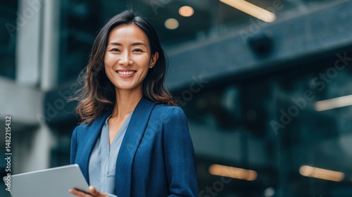 Smiling asian businesswoman in blue suit holding documents outdoors near a building.