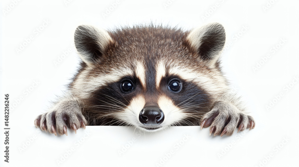 Fototapeta premium cut out, horizontal, looking at camera, pets, photography, protection, colour image, pest, raccoon, animal, cute, eating, full length, side view, white background, animal wildlife