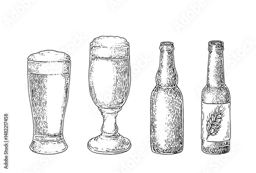 Vintage beer glasses and bottles in a detailed vector illustration. Perfect for craft beer posters, pub menus, and homebrew branding. Ideal for food and beverage design trends.