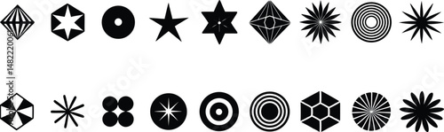 Set of brutalist abstract geometric shapes, Figures, stars, spiral flower and circle isolated on transparent background