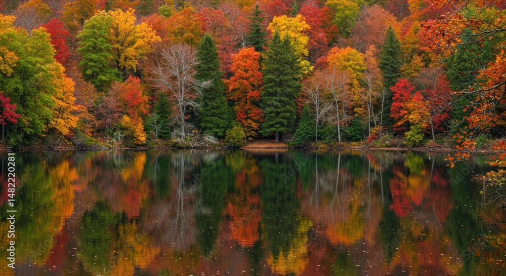Fototapeta premium Reflective autumn landscape with colorful trees mirrored on a serene lake surface
