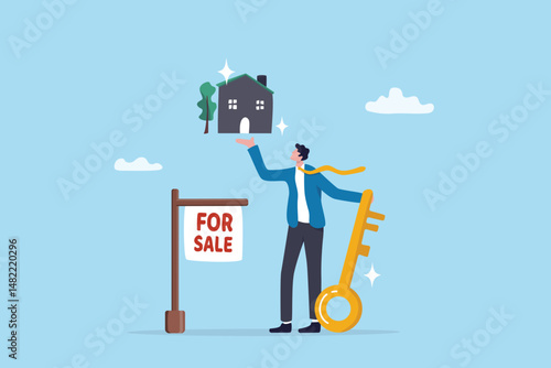 House for sale, selling real estate, home buyer or property agent, rent or buy, mortgage, or purchase new house, homeowner, residential concept, businessman selling home with key and for sale sign.