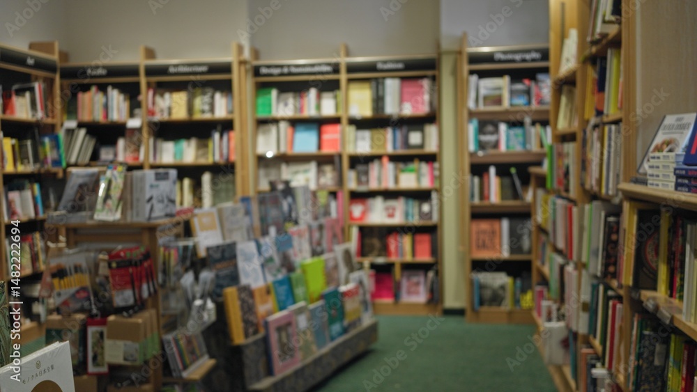 Defocused view of a library with bookshelves filled with colorful books and a cozy indoor atmosphere captured in a blurred bokeh style. Defocused view of a library with bookshelves filled with colorful books and a cozy indoor atmosphere captured in a blurred bokeh style.