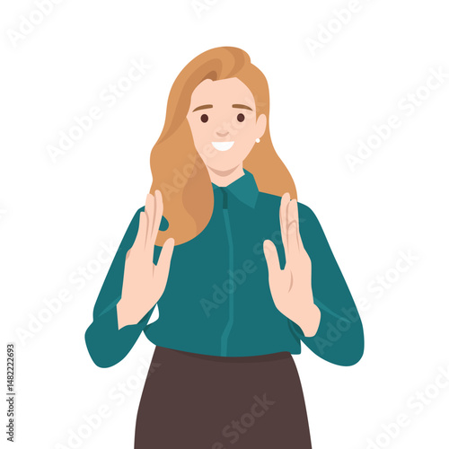 Woman with long blonde hair smiles warmly while making a hand gesture with both hands raised. Flat vector illustration isolated on white background