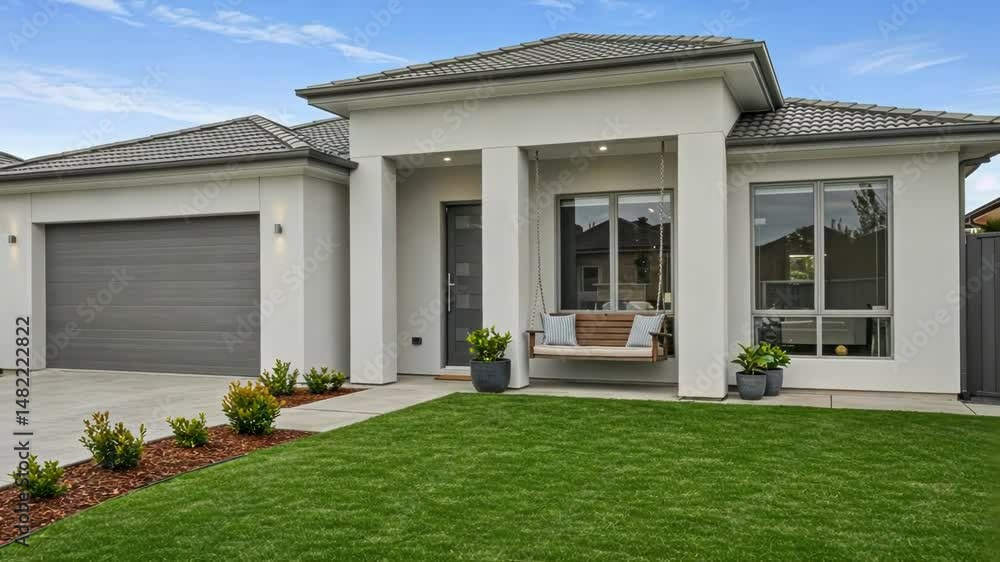 A modern home with a cozy porch and swing, set in a serene neighborhood. A modern home with a cozy porch and swing, set in a serene neighborhood.