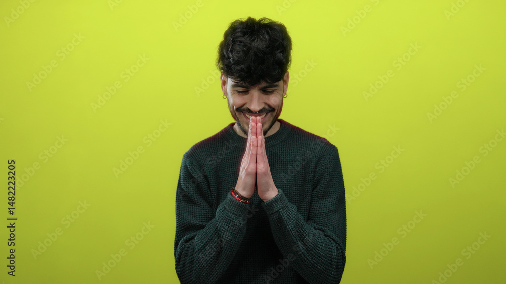 Young man smiling in front of vibrant yellow background wearing casual sweater expressing happiness and confidence in a bright and cheerful portrait pose Young man smiling in front of vibrant yellow background wearing casual sweater expressing happiness and confidence in a bright and cheerful portrait pose