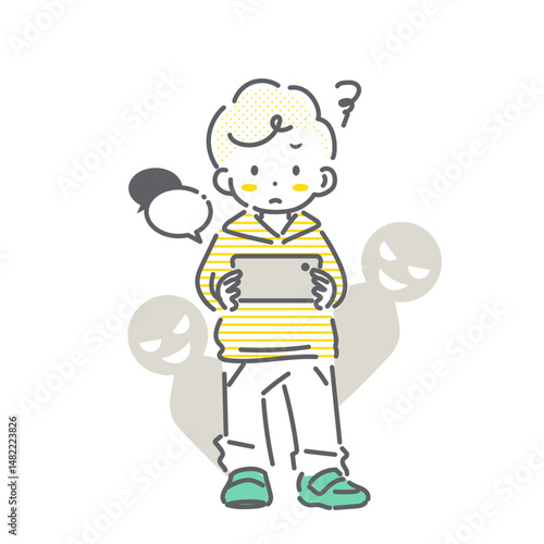 スマートフォンの使用でトラブルになる男の子　シンプルでかわいい線画イラスト