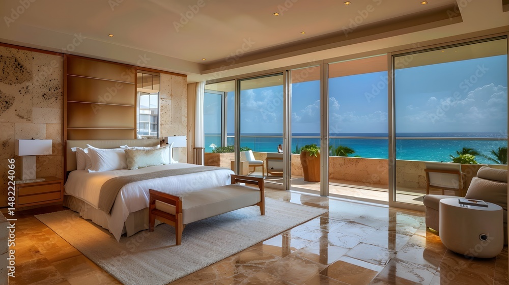 Fototapeta premium Luxurious Ocean View Bedroom Suite featuring a king-size bed, stunning coastal scenery, and elegant decor.