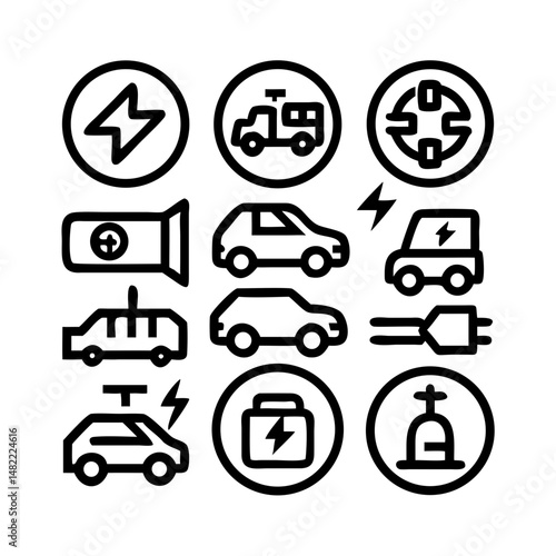 Set of outline icons related to charging. Linear icon collection. Editable stroke. Vector illustration