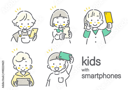 楽しくスマートフォンを使う子供たち　シンプルでかわいい線画イラスト