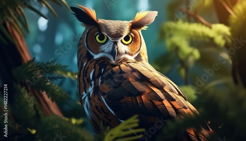 Horned owl, in the beautiful realistic deciduous with spring floral tropical rainforest