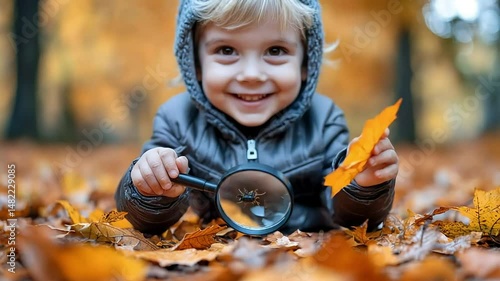 Child examining bug with magnifying glass in autumn leaves