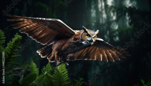 Horned owl, in the beautiful realistic deciduous with spring floral tropical rainforest