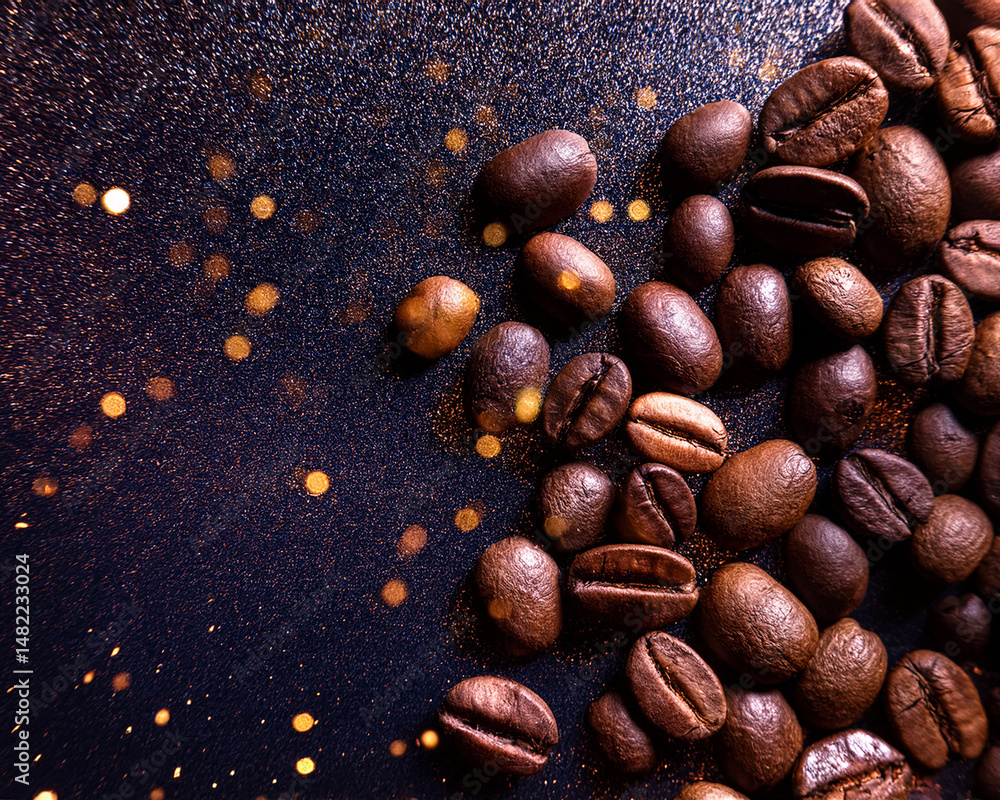 Roasted coffee beans in close-up against a dark, glittering background Roasted coffee beans in close-up against a dark, glittering background