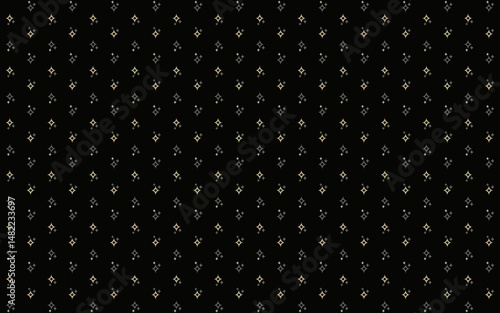 Seamless abstract geometric pattern with star and mini in gold and gray on black background. Vector illustration, for masculine shirt lady dress cloth textile cover wallpaper decoration print
