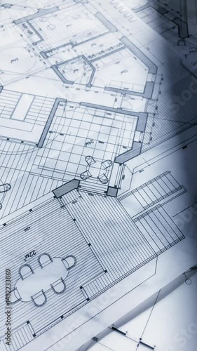 Architecture design: blueprint plan - illustrations of a plan modern residential building - technology, industry, business concept illustration: real estate, building, construction, architecture