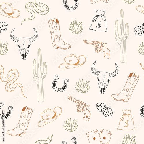 Seamless pattern with cowboy boot, hat and cacti on light background. Hand drawn vector illustration for wrapping paper, textile, fabric.