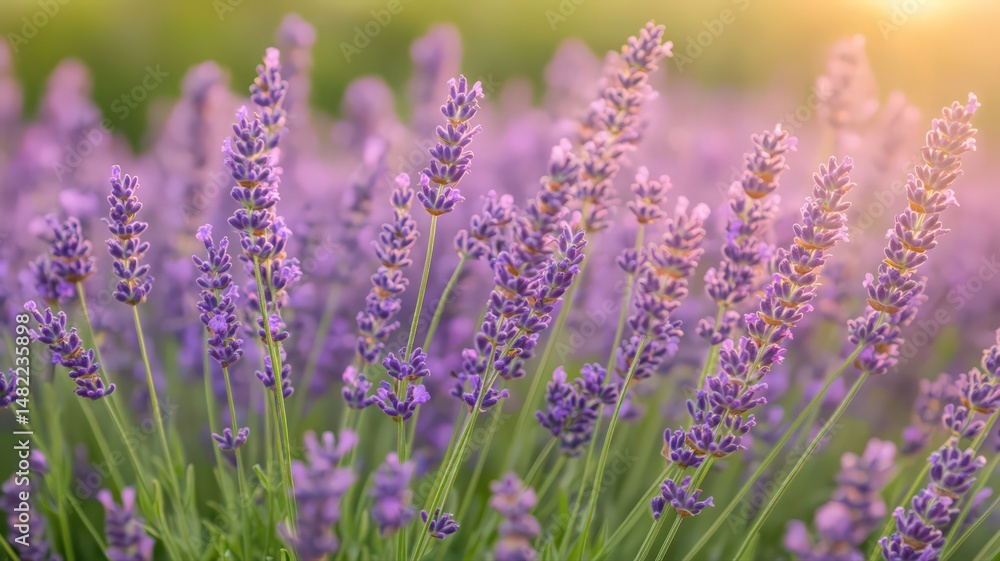 Obraz premium A Lush Field of Blooming Purple Lavender Flowers Bathed in Soft Sunlight at Dusk