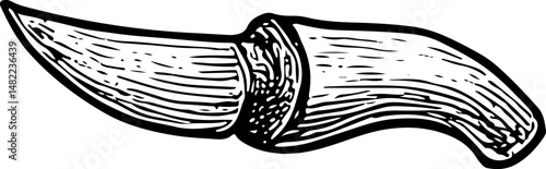Black-and-white illustration of a skinning knife used for meat preparation during Eid al-Adha, featuring detailed blade and handle design symbolizing traditional sacrificial practices