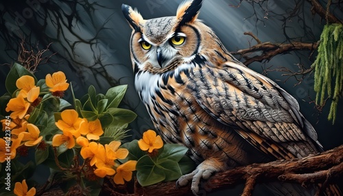 Horned owl, in the beautiful realistic deciduous with spring floral tropical rainforest