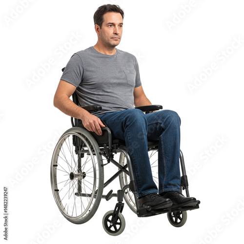 An adult man in a wheelchair isolated on transparent or white background, png