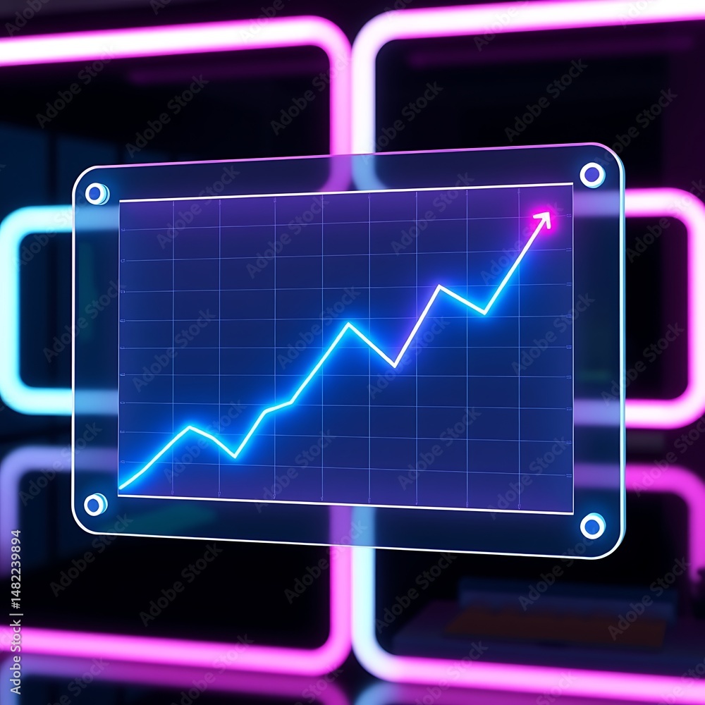 Glowing neon graph showing positive trends and growth on futuristic dark background Glowing neon graph showing positive trends and growth on futuristic dark background
