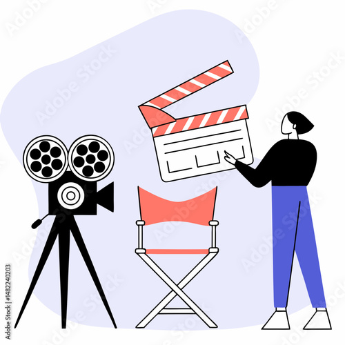 Flat vector of female film director with clapperboard and camera, in symbolic, abstract illustration for creative media