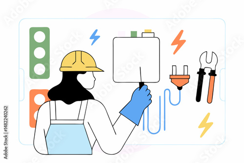 Flat vector of female electrician with safety gear, tools, and electric elements in a symbolic, anatomy-free illustration style