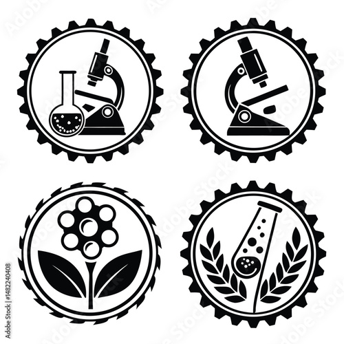 Science and Nature Gear Icons Microscope Flask Plant and Bio Research Symbols