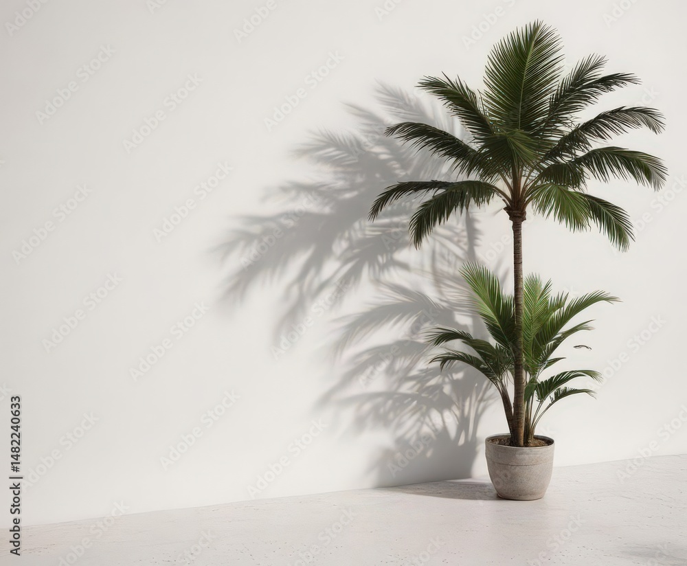 Fototapeta premium Crisp palm shadow on white wall, tropical feel , flora, wall texture