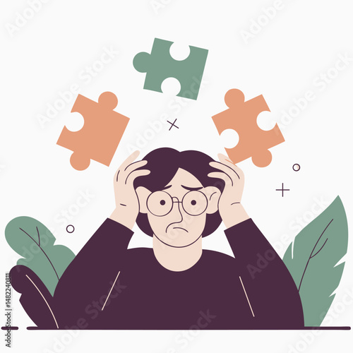Confused elderly man with glasses holding puzzle pieces over head showing memory loss cartoon concept