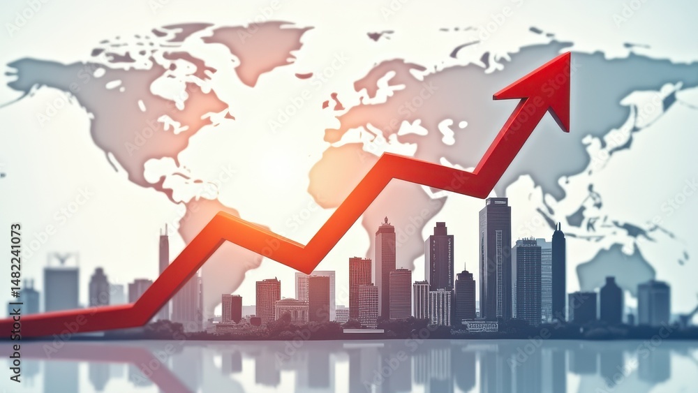 Fototapeta premium Abstract upward arrow chart with world map and city buildings in background representing real estate property price growth and index rise.