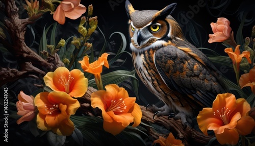 Horned owl, in the beautiful realistic deciduous with spring floral tropical rainforest